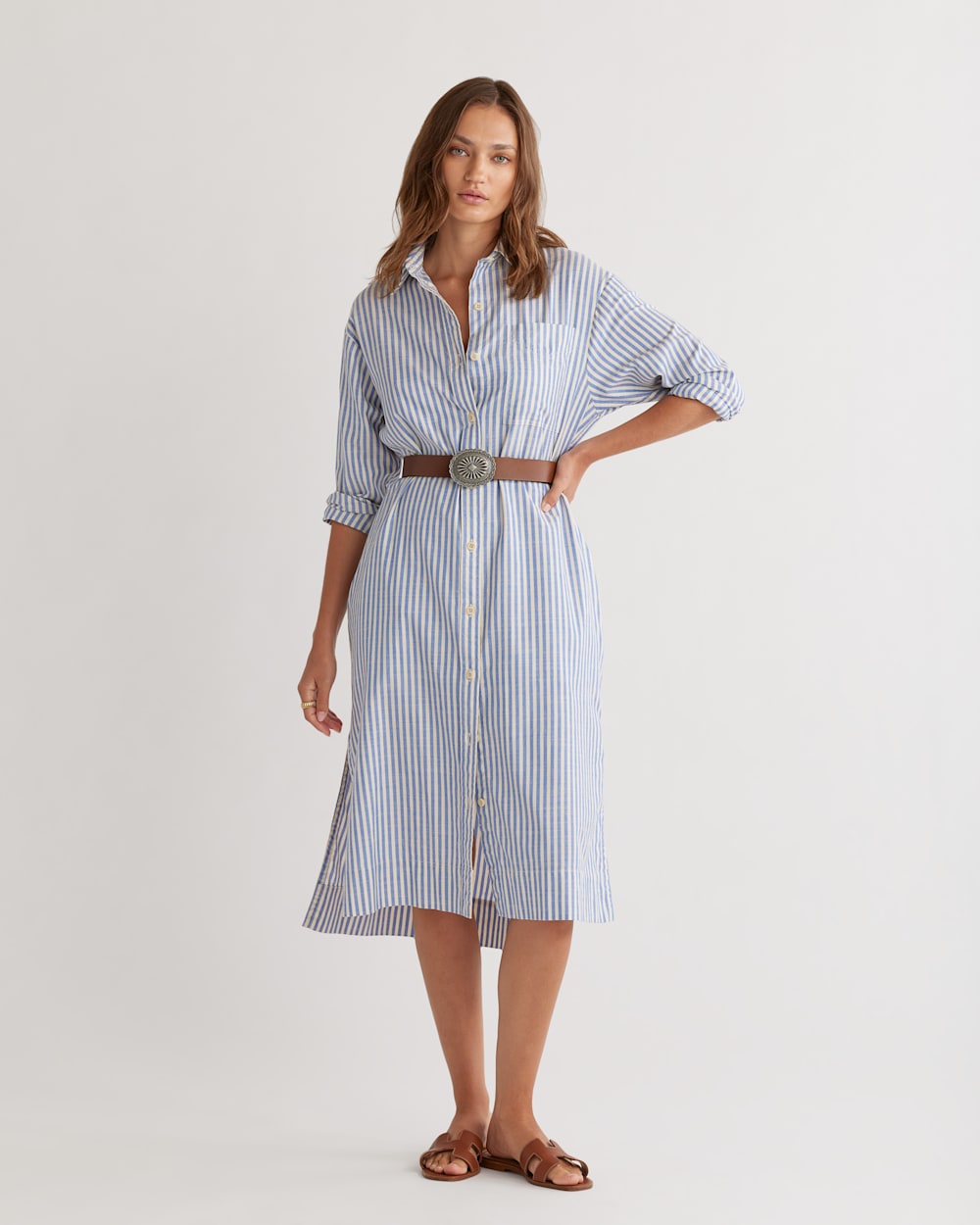 WOMEN'S BRENTWOOD OVERSIZED SHIRTDRESS IN BLUE/IVORY STRIPE image number 1