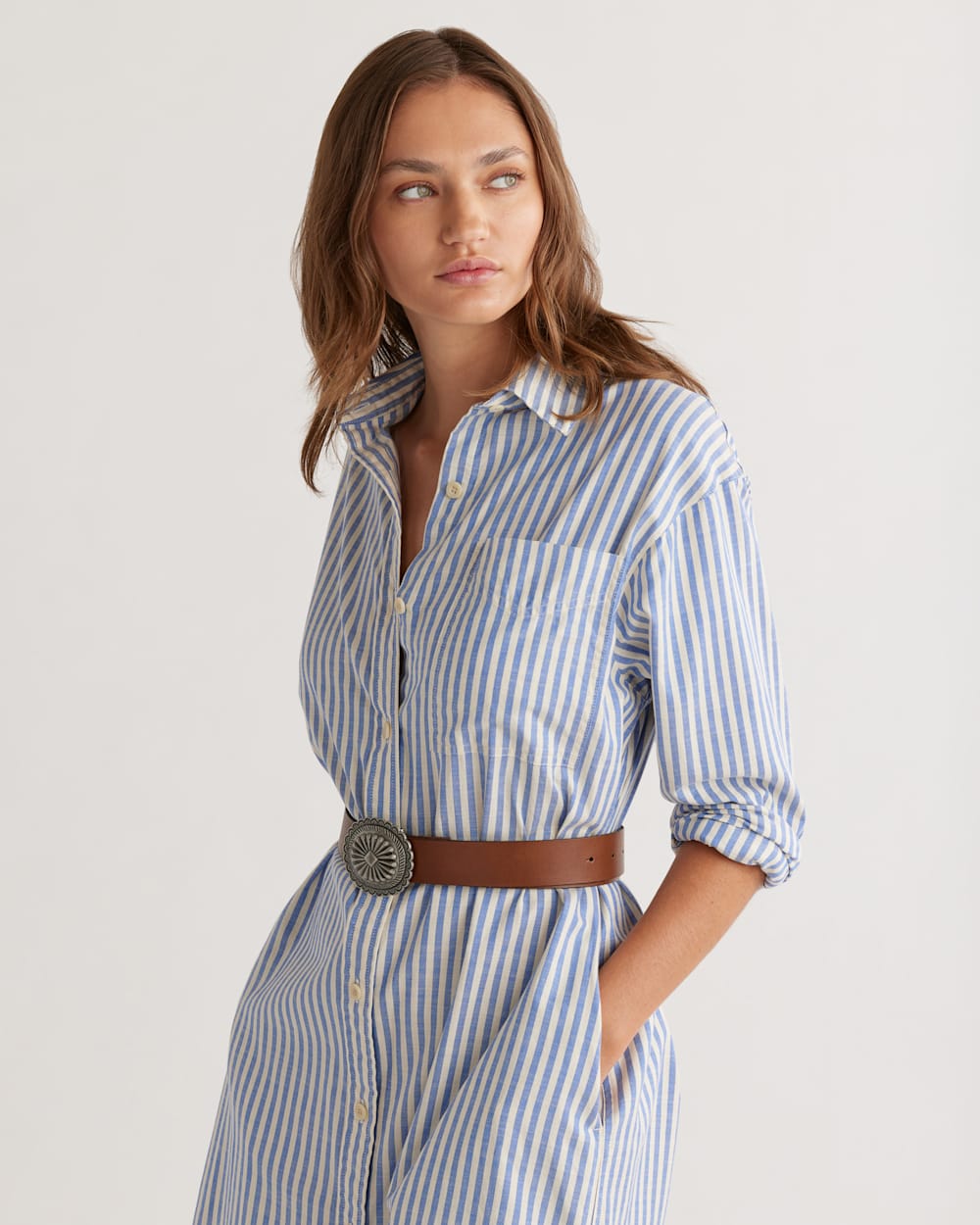 ALTERNATE VIEW OF WOMEN'S BRENTWOOD OVERSIZED SHIRTDRESS IN BLUE/IVORY STRIPE image number 4