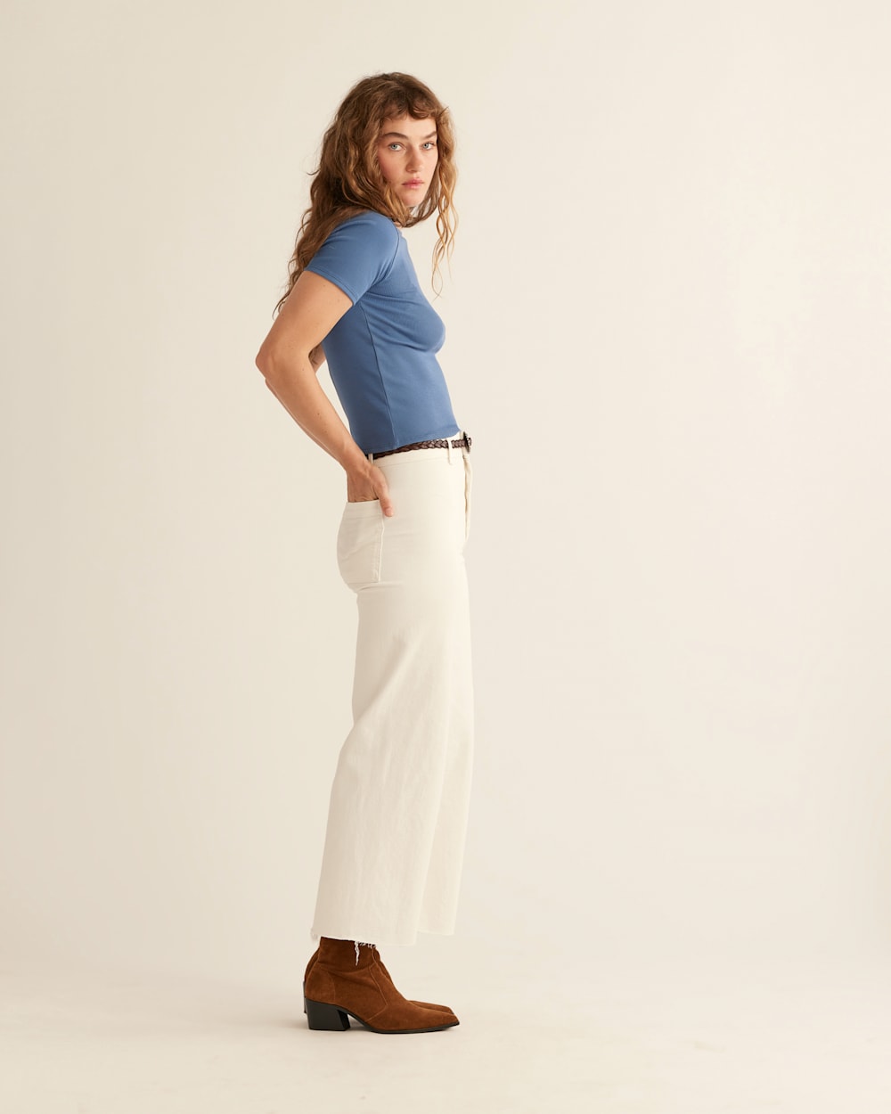 ALTERNATE VIEW OF WOMEN'S PIMA COTTON BABY TEE IN DUSTY BLUE image number 2