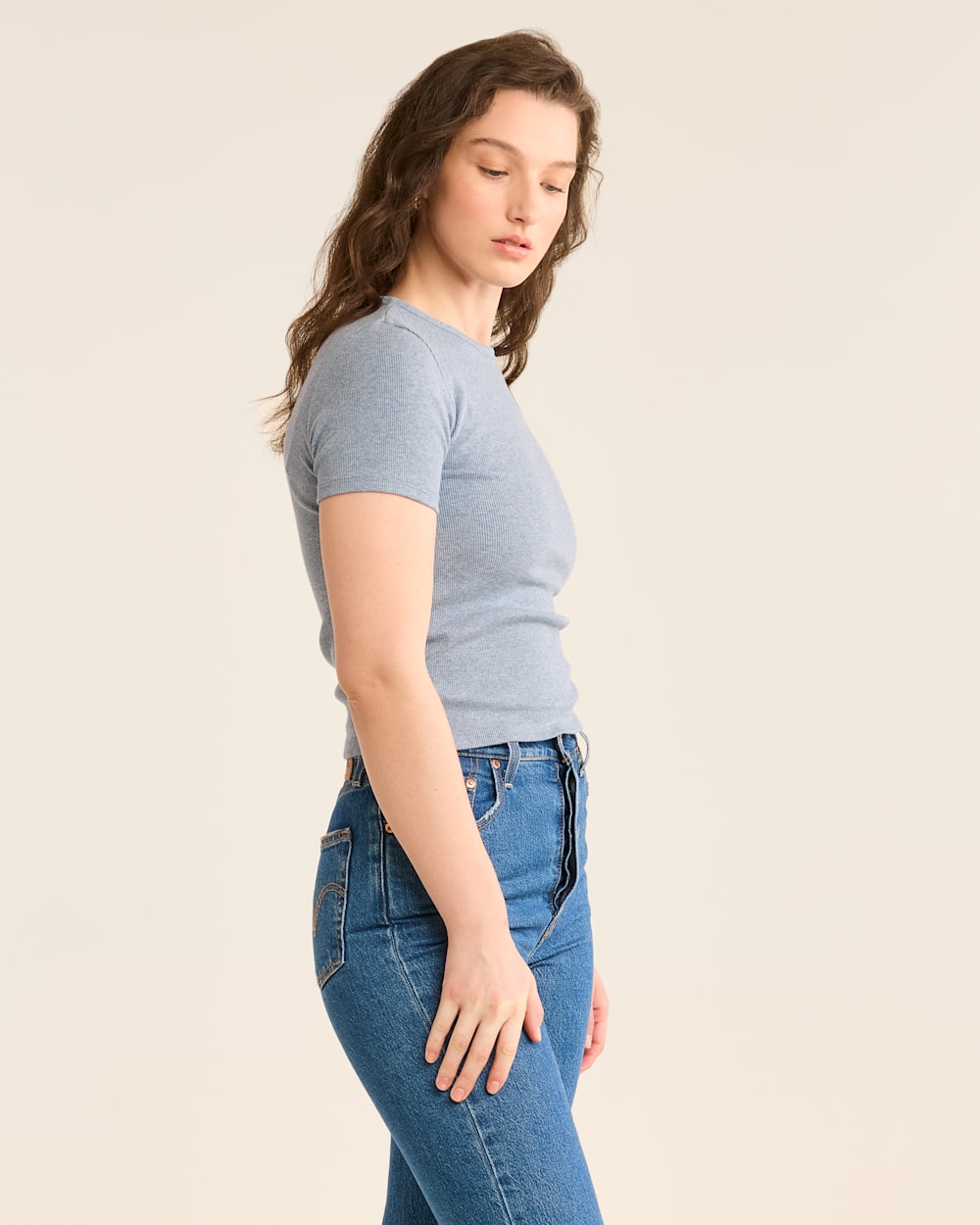 ALTERNATE VIEW OF WOMEN'S PIMA COTTON BABY TEE IN LIGHT BLUE HEATHER image number 2