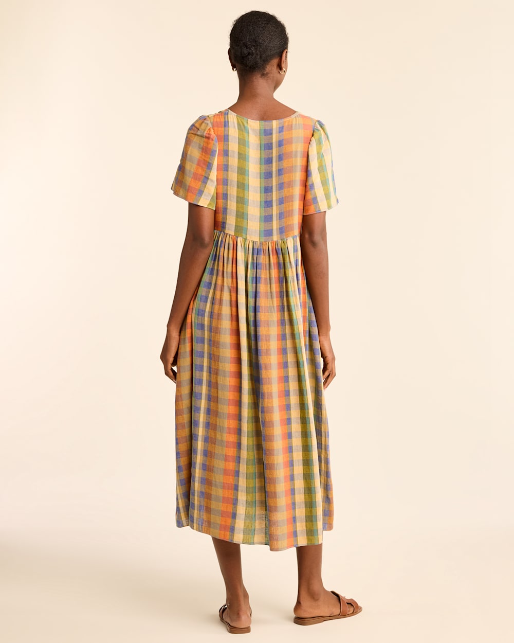 ALTERNATE VIEW OF WOMEN'S FLORA LINEN-BLEND MIDI DRESS IN WOODASH MULTI CHECK image number 3