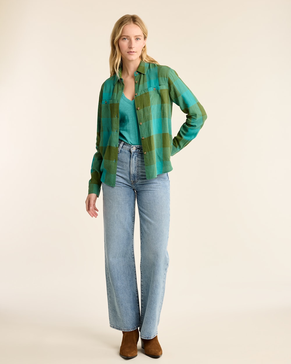 WOMEN'S ADLEY LINEN-BLEND SHIRT IN TEAL/GREEN CHECK image number 1