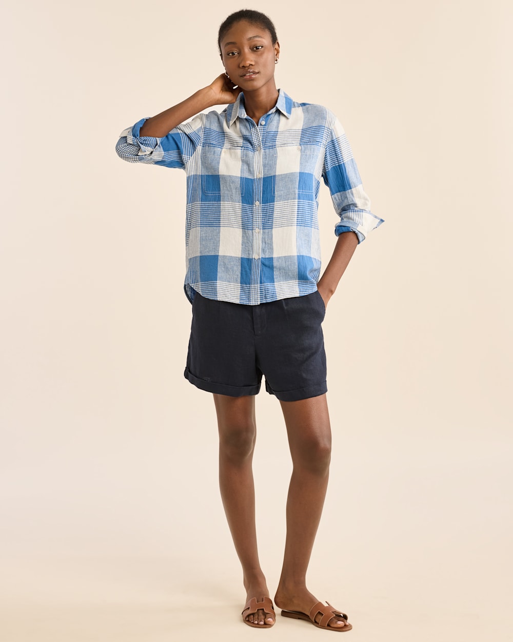 WOMEN'S ADLEY LINEN-BLEND SHIRT IN BLUE/IVORY CHECK image number 1
