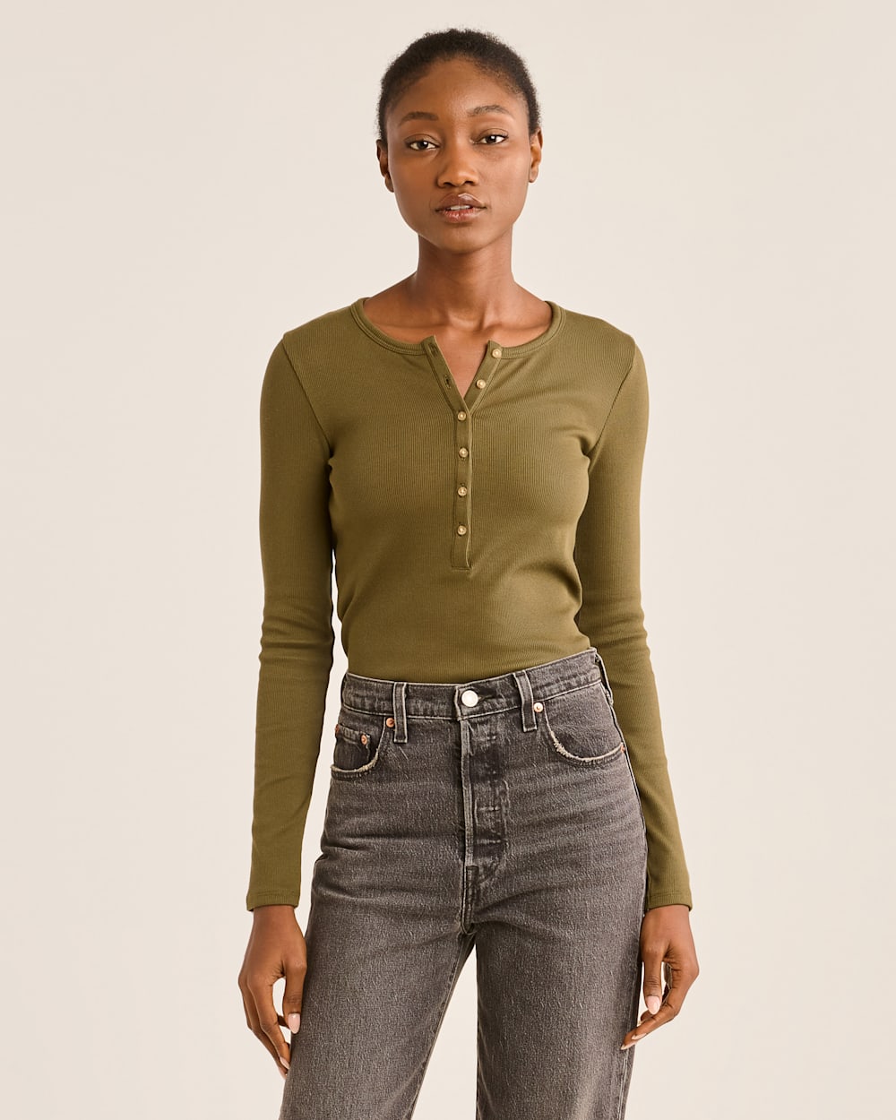 ALTERNATE VIEW OF WOMEN'S LONG-SLEEVE PIMA COTTON HENLEY IN DARK OLIVE image number 4