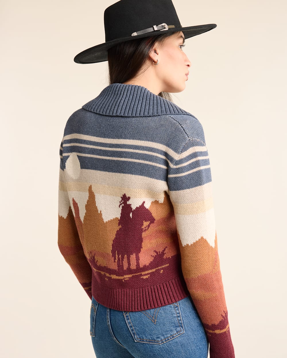 ALTERNATE VIEW OF WOMEN'S WESTERN SCENIC COTTON CARDIGAN IN BLUE/RUST MULTI image number 2