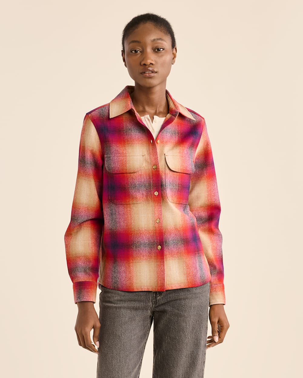 WOMEN'S PLAID BOARD SHIRT IN NAVY/MAGENTA OMBRE image number 1