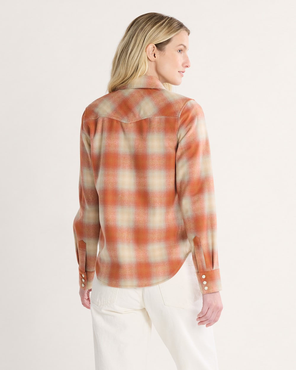 ALTERNATE VIEW OF WOMEN'S PLAID GAMBLER SHIRT IN ORANGE MULTI OMBRE image number 2