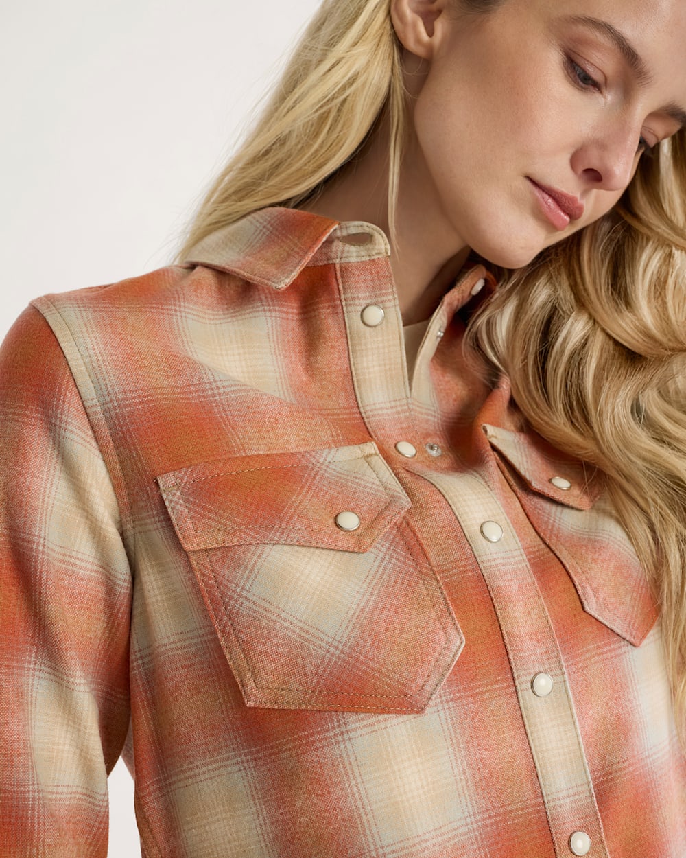 ALTERNATE VIEW OF WOMEN'S PLAID GAMBLER SHIRT IN ORANGE MULTI OMBRE image number 4