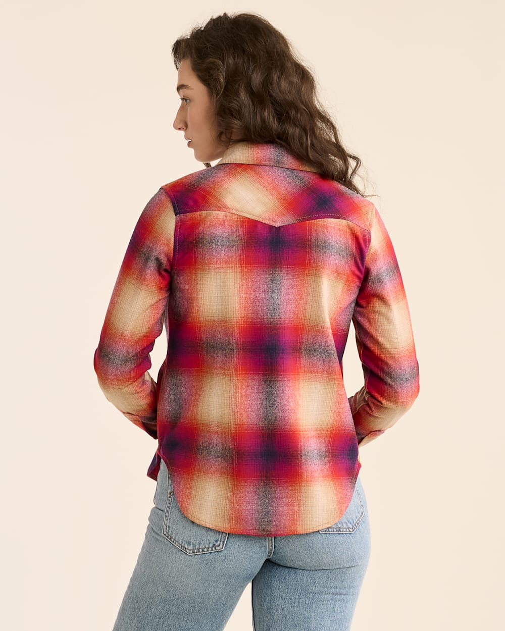 ALTERNATE VIEW OF WOMEN'S PLAID GAMBLER SHIRT IN NAVY/MAGENTA OMBRE image number 3