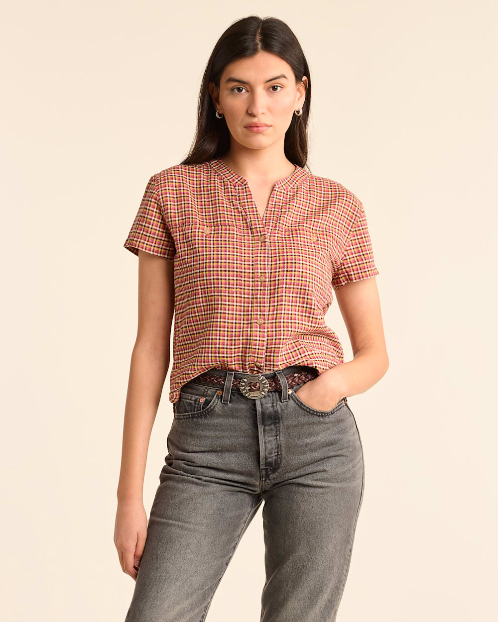 WOMEN'S SHORT-SLEEVE ADLEY SHIRT IN PINK FARMHOUSE CHECK image number 1