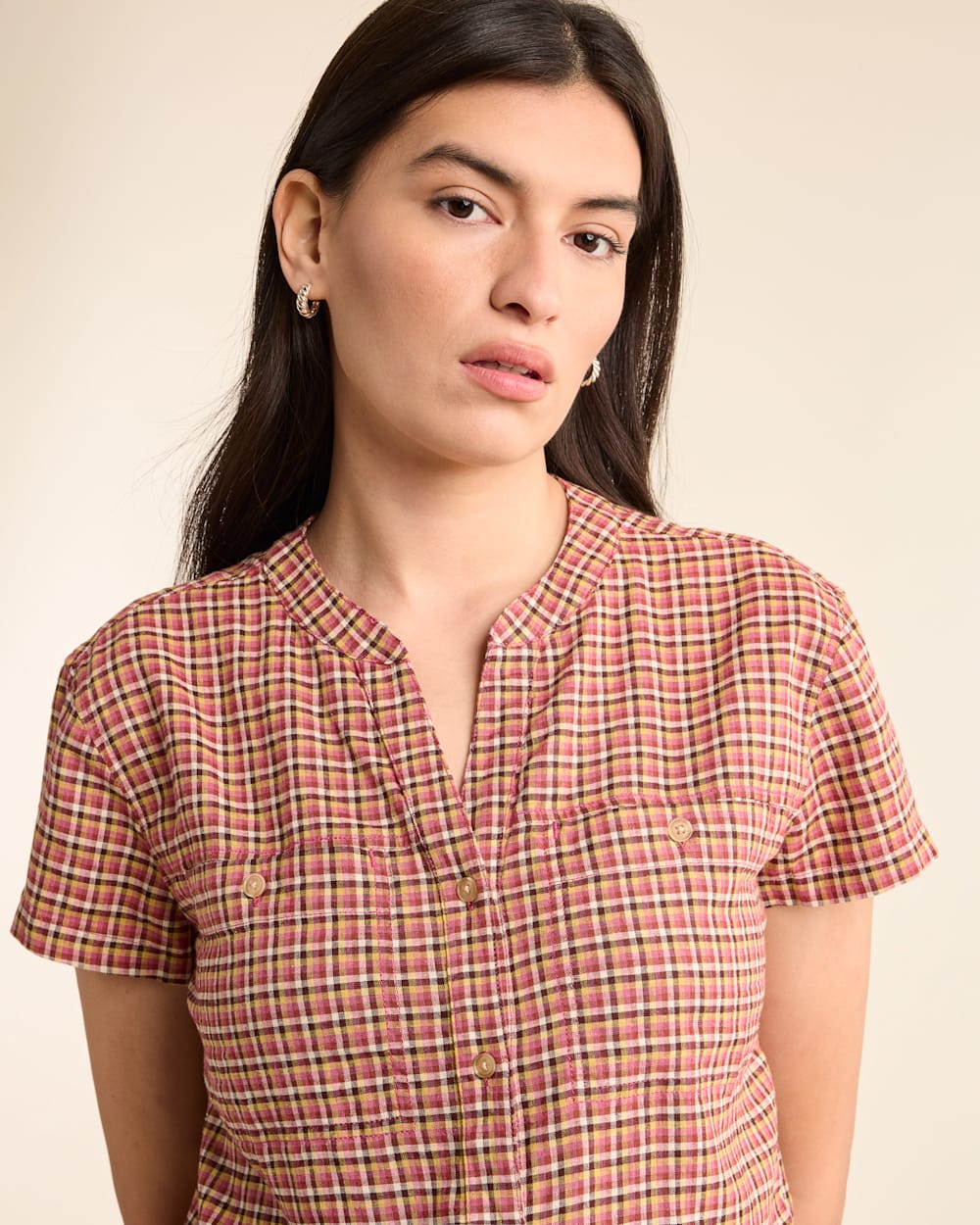 ALTERNATE VIEW OF WOMEN'S SHORT-SLEEVE ADLEY SHIRT IN PINK FARMHOUSE CHECK image number 4