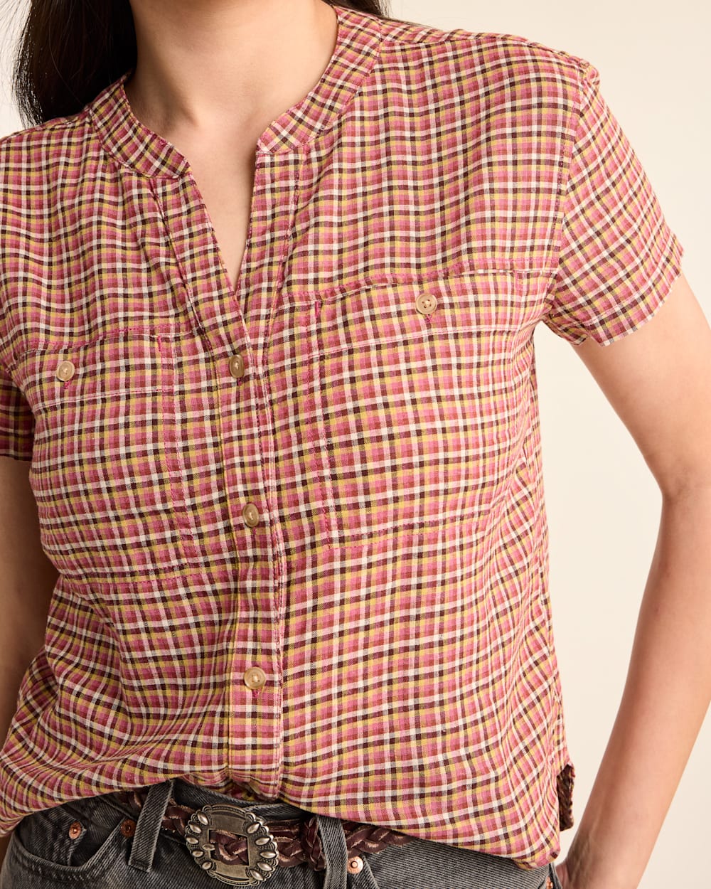 ALTERNATE VIEW OF WOMEN'S SHORT-SLEEVE ADLEY SHIRT IN PINK FARMHOUSE CHECK image number 5