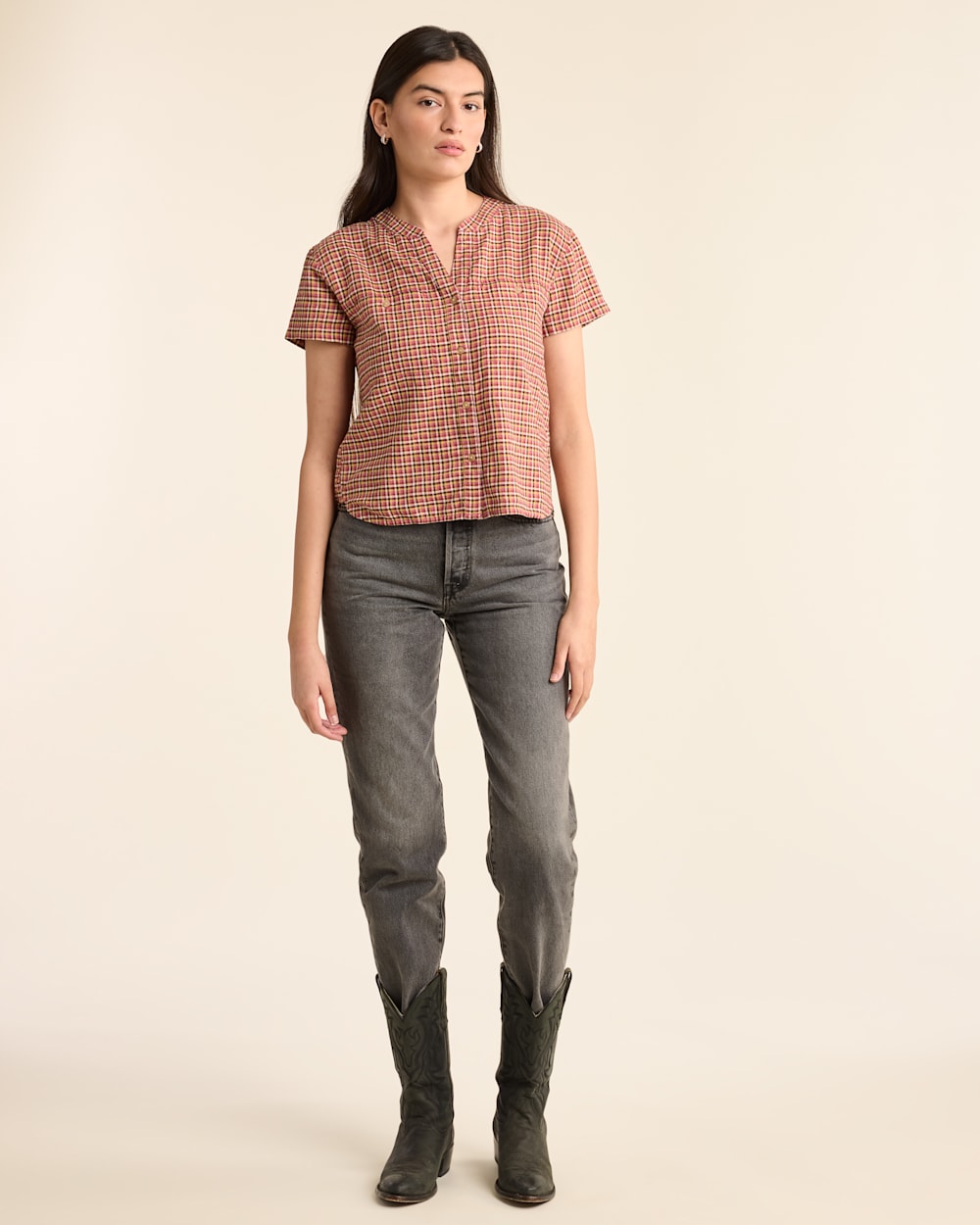 ALTERNATE VIEW OF WOMEN'S SHORT-SLEEVE ADLEY SHIRT IN PINK FARMHOUSE CHECK image number 6