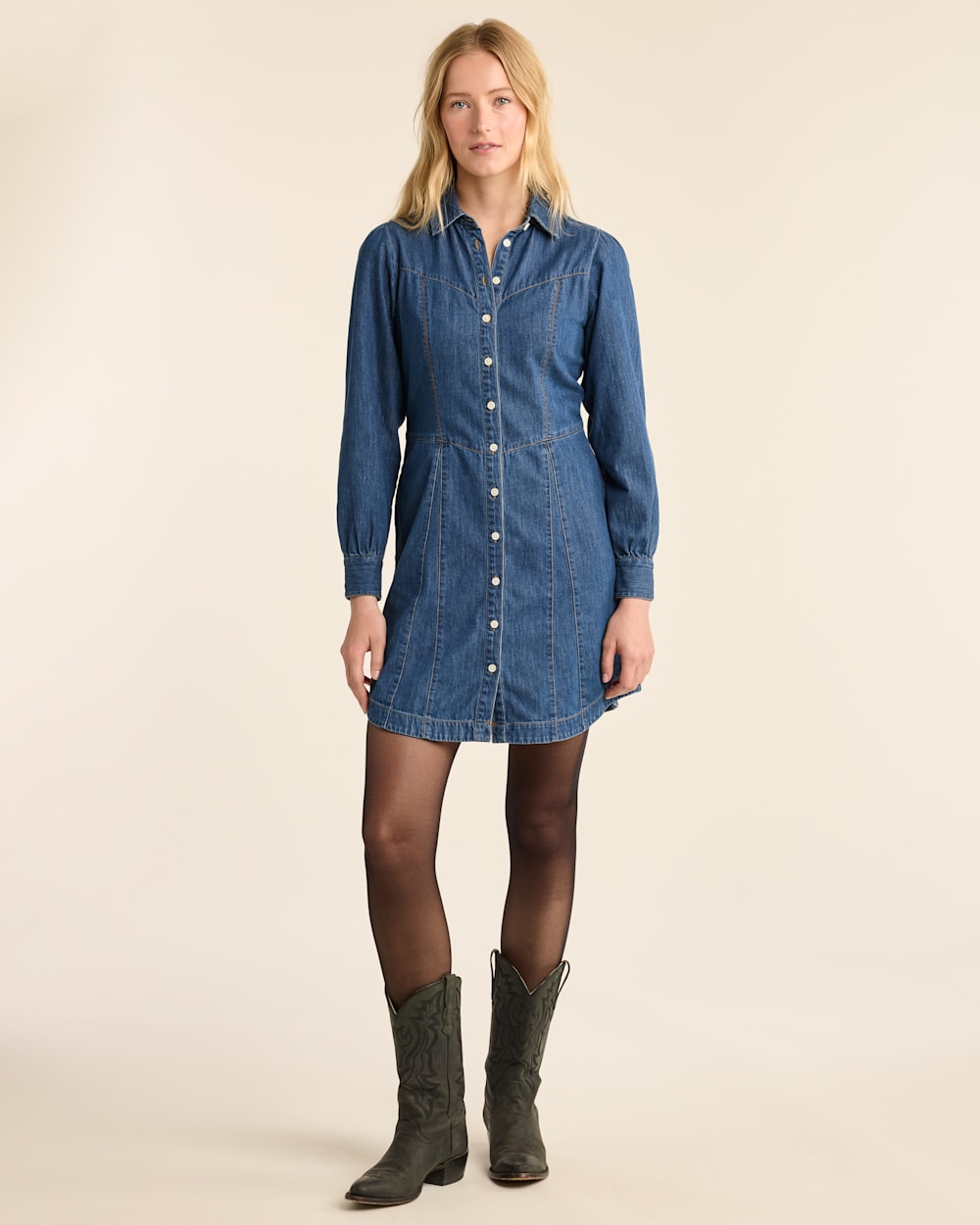 WOMEN'S BUTTON-FRONT CHAMBRAY DRESS IN MEDIUM BLUE image number 1