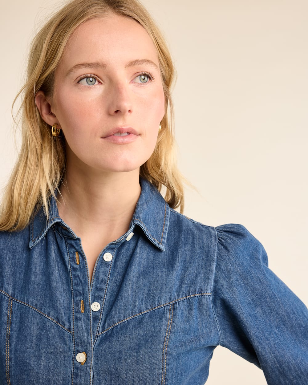 ALTERNATE VIEW OF WOMEN'S BUTTON-FRONT CHAMBRAY DRESS IN MEDIUM BLUE image number 4