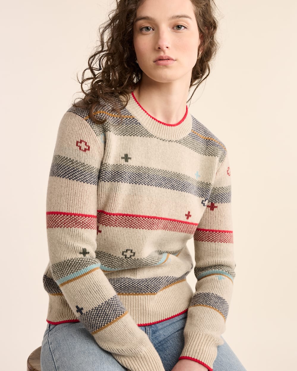 ALTERNATE VIEW OF WOMEN'S BRIDGER STRIPE MERINO SWEATER IN OATMEAL HEATHER STRIPE image number 4