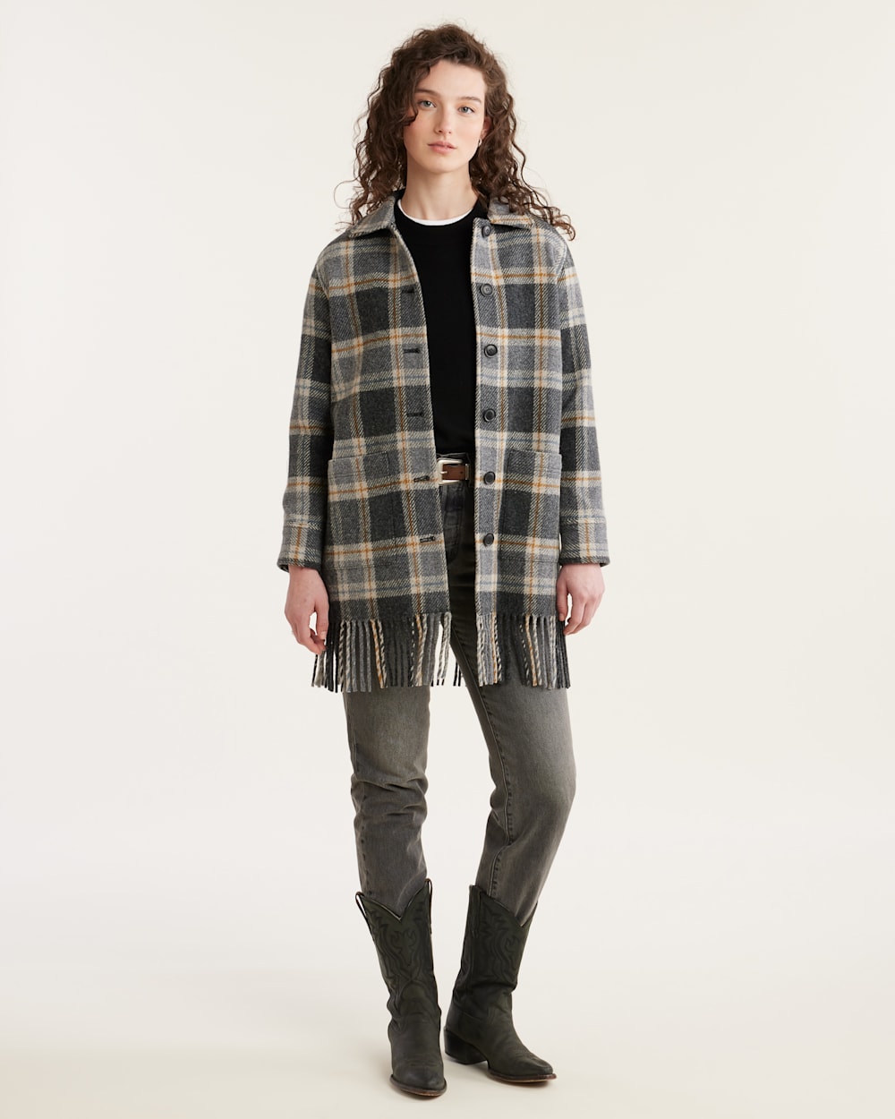 ALTERNATE VIEW OF WOMEN'S PLAID JOLENE WOOL FRINGED JACKET IN CHARCOAL MIX MULTI image number 2