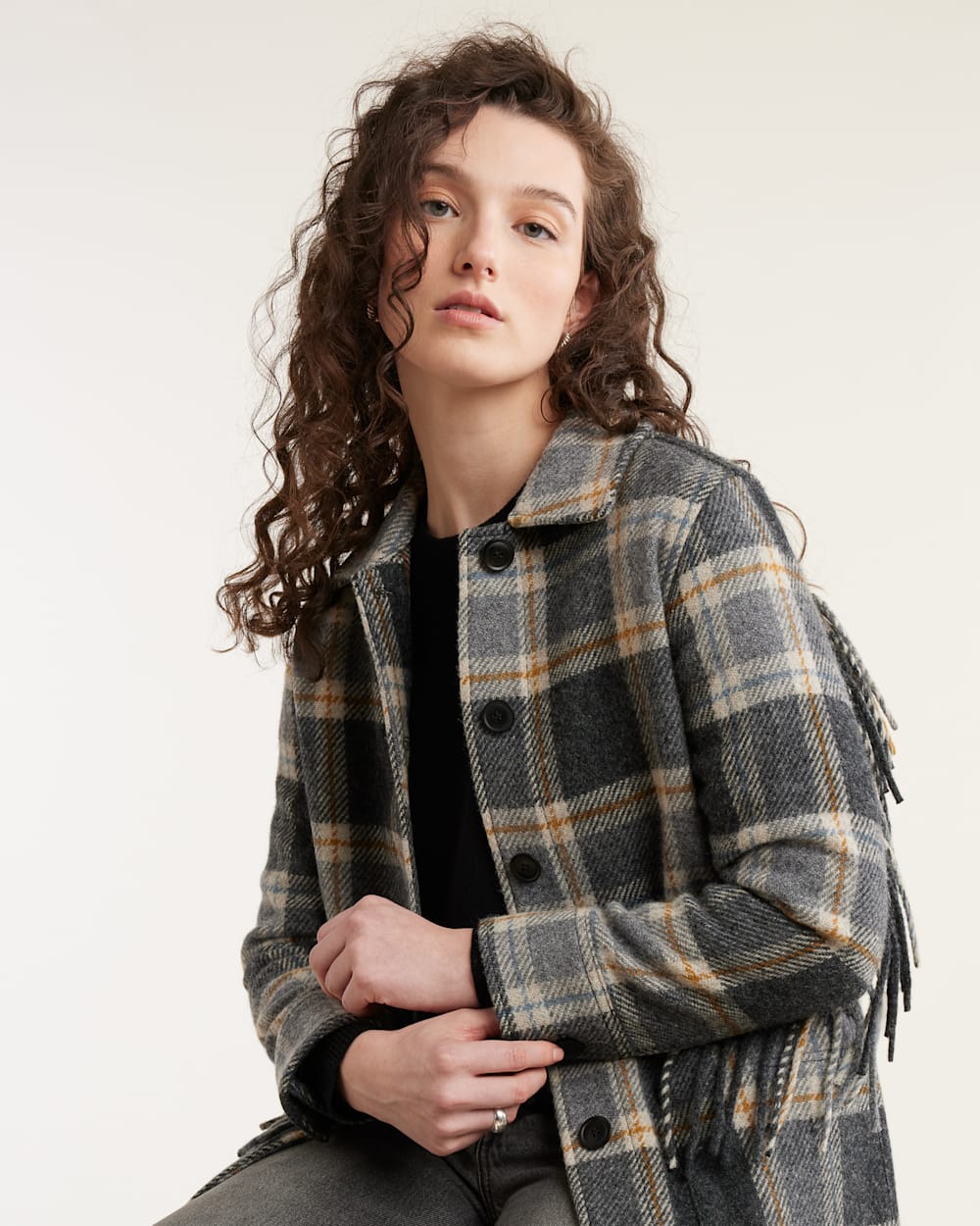 ALTERNATE VIEW OF WOMEN'S PLAID JOLENE WOOL FRINGED JACKET IN CHARCOAL MIX MULTI image number 4