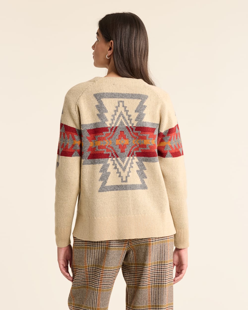 ALTERNATE VIEW OF WOMEN'S LAMBSWOOL GRAPHIC CARDIGAN IN VINTAGE TAN MULTI image number 3