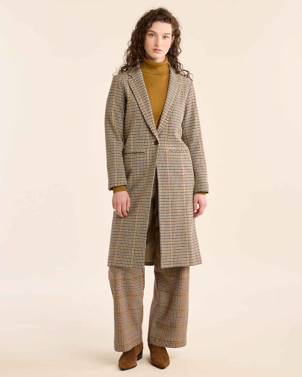 WOMEN'S HUDSON LONG WOOL COAT IN TAN/BROWN CHECK image number 1