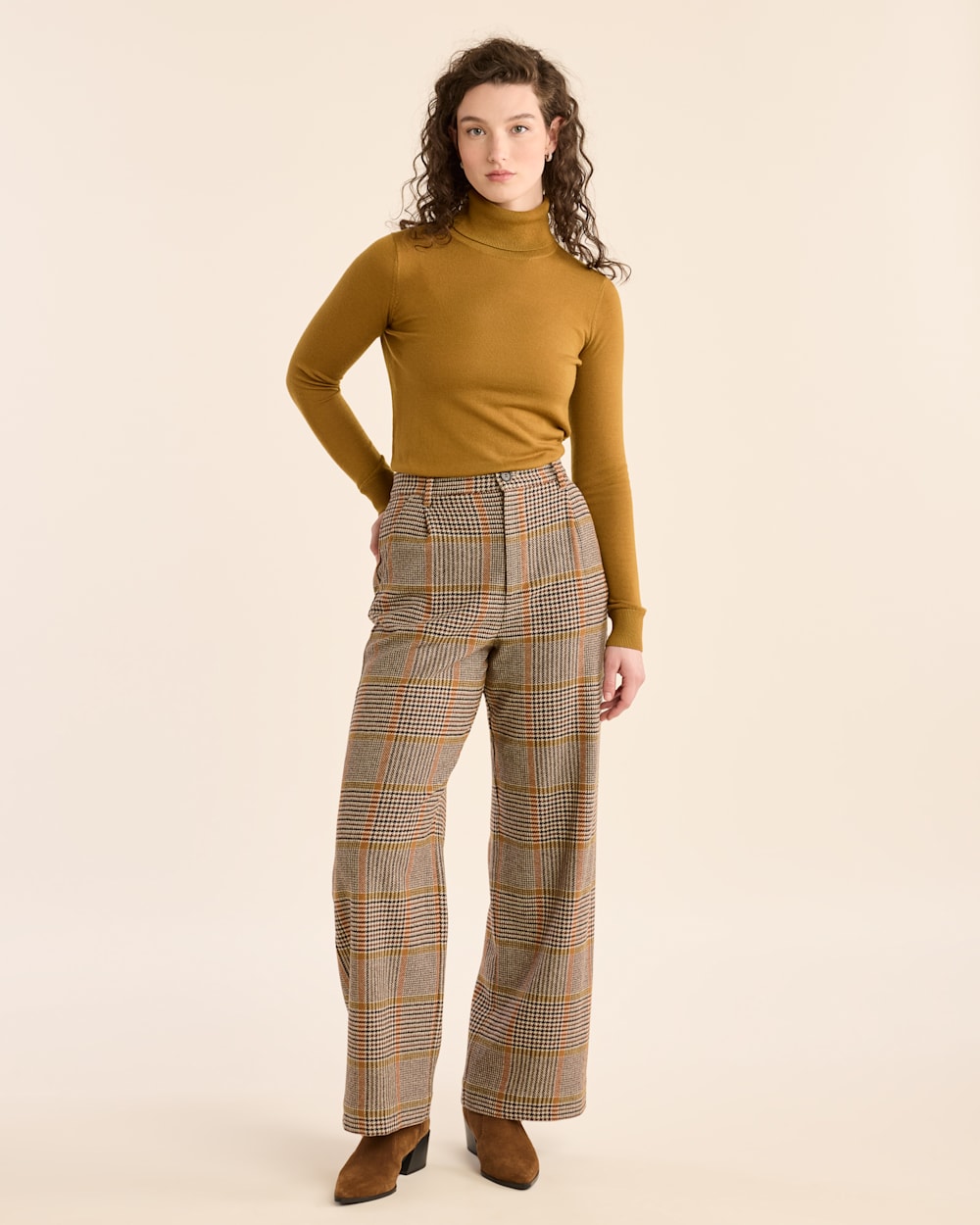 WOMEN'S GLEN PLAID WOOL TROUSERS IN TAN/BROWN image number 1