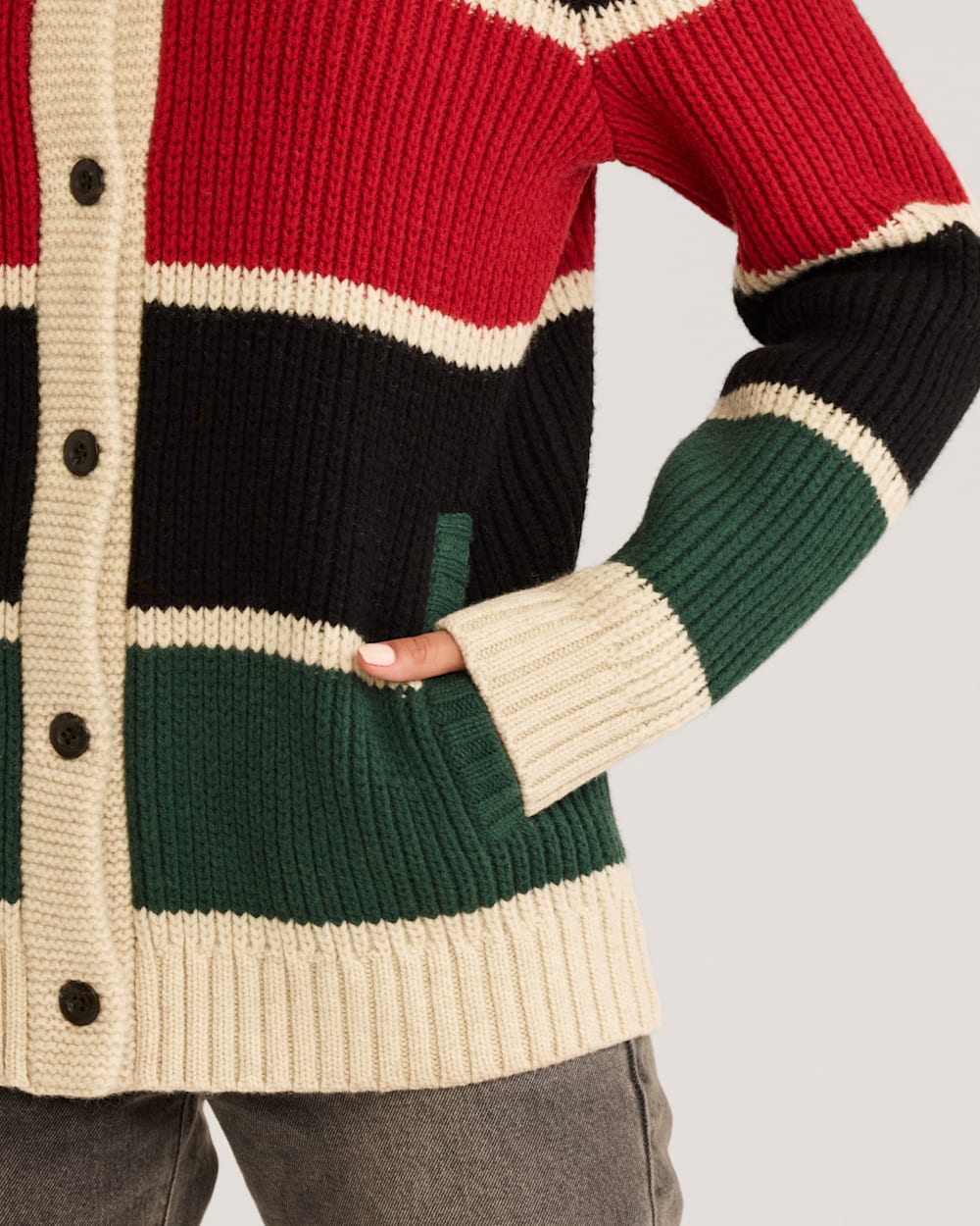 ALTERNATE VIEW OF WOMEN'S RANGER STRIPE LAMBSWOOL CARDIGAN IN BLACK MULTI image number 4