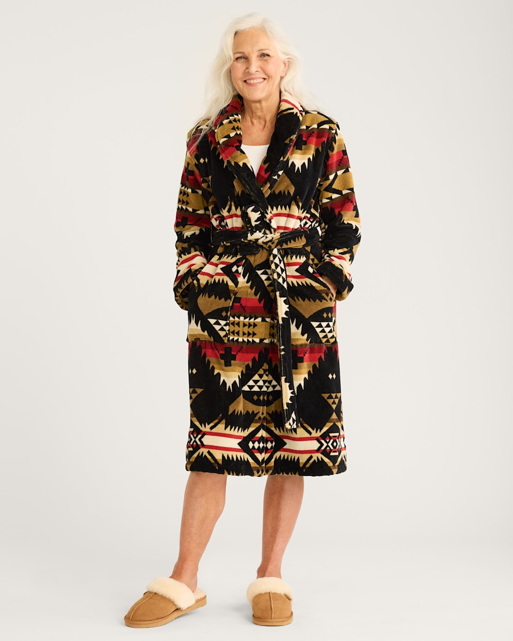 WOMEN'S NEHALEM COTTON TERRY VELOUR ROBE IN BLACK/RED image number 1