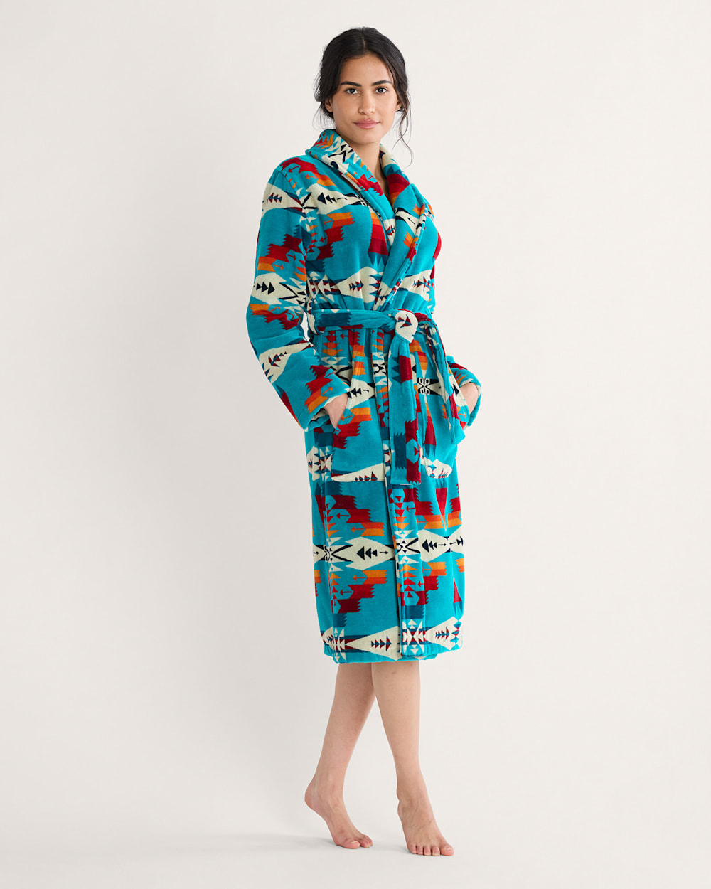 WOMEN'S TUCSON COTTON TERRY VELOUR ROBE IN TURQUOISE image number 1