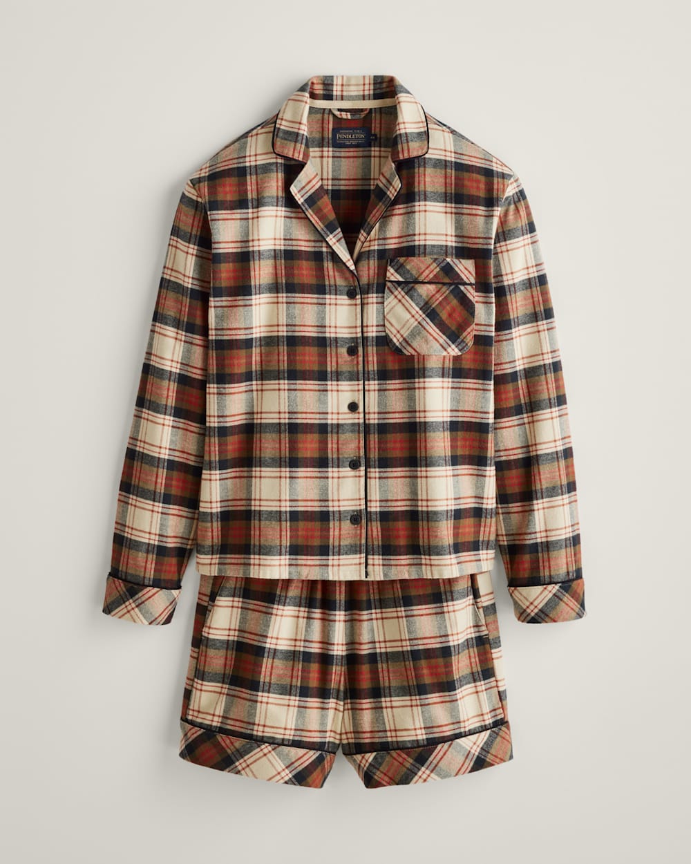 WOMEN'S PLAID FLANNEL PAJAMA SHORT SET IN TAN/BLACK/BRICK image number 1