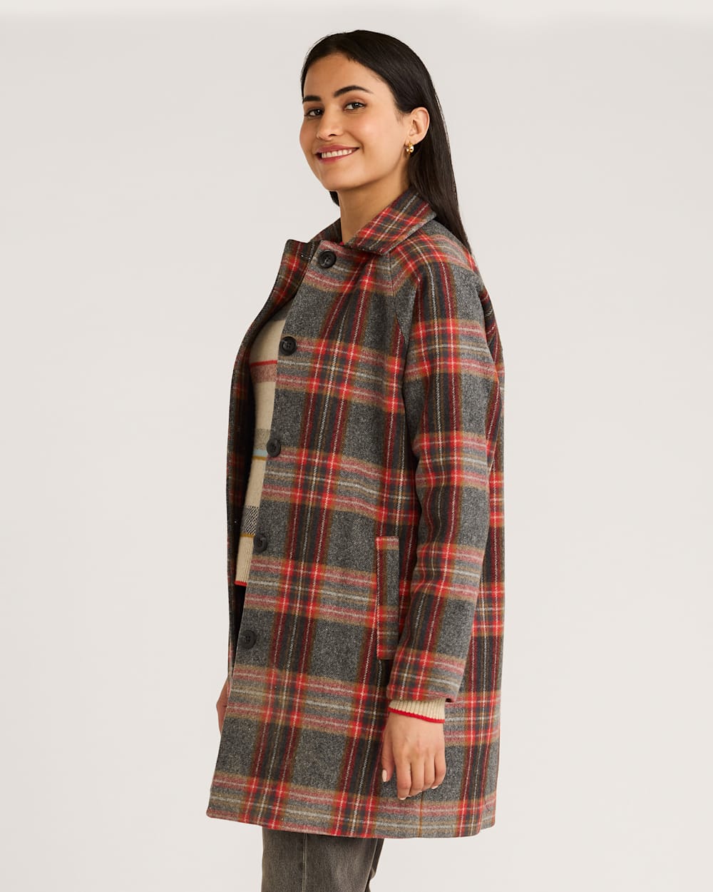 ALTERNATE VIEW OF WOMEN'S PLAID WOOL MAC COAT IN RED/CHARCOAL MULTI image number 2