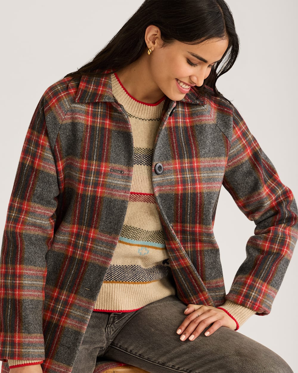 ALTERNATE VIEW OF WOMEN'S PLAID WOOL MAC COAT IN RED/CHARCOAL MULTI image number 4