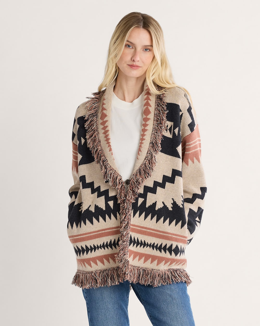 WOMEN'S GRAPHIC FRINGE CARDIGAN IN NATURAL MULTI image number 1