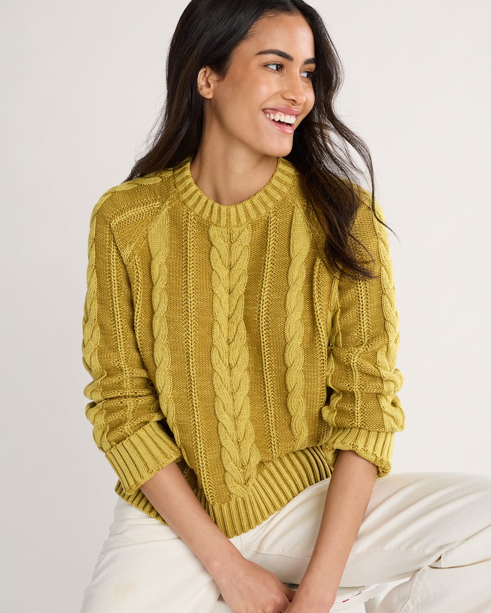 WOMEN'S COTTON CABLE SWEATER IN GOLD image number 1