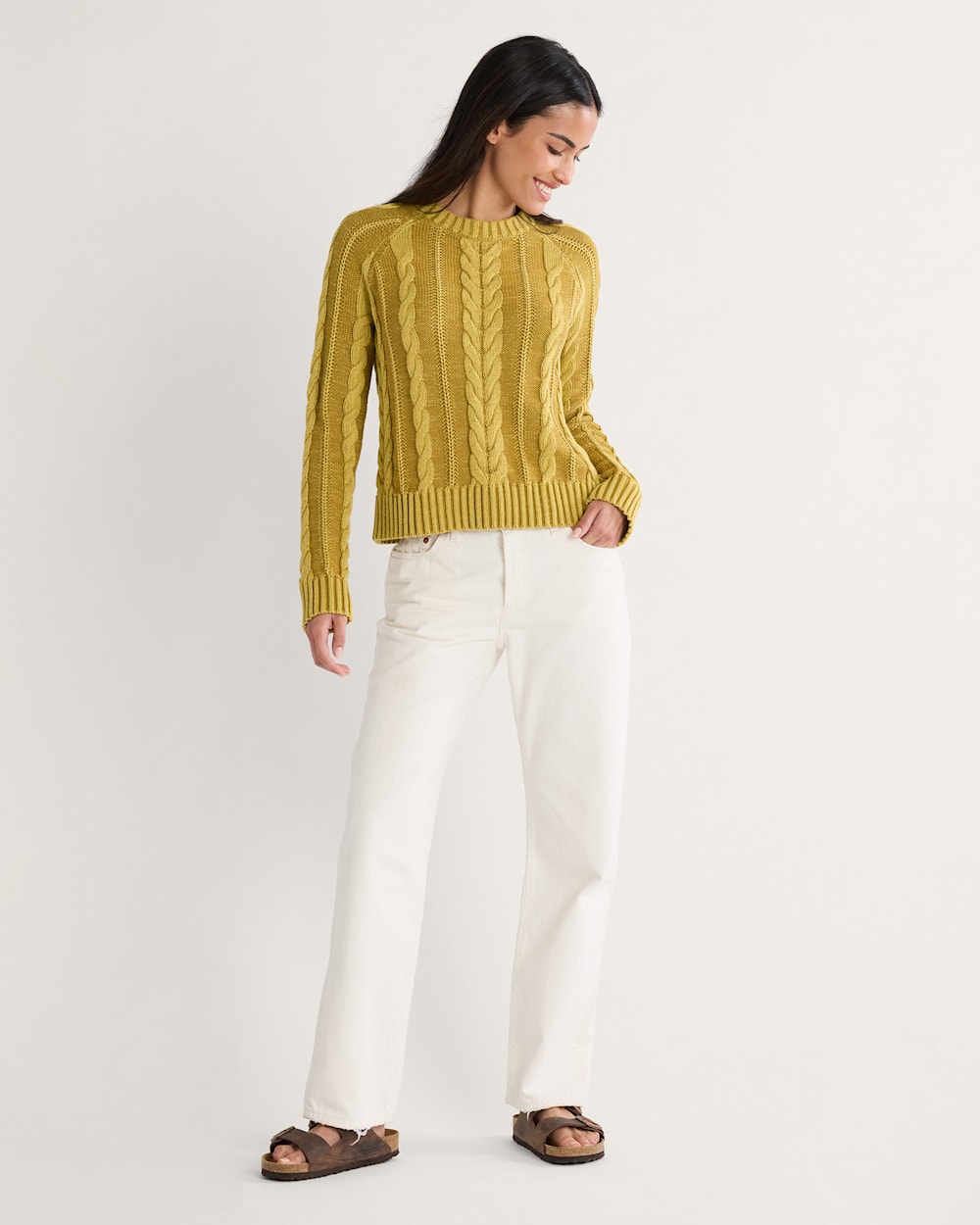 ALTERNATE VIEW OF WOMEN'S COTTON CABLE SWEATER IN GOLD image number 4