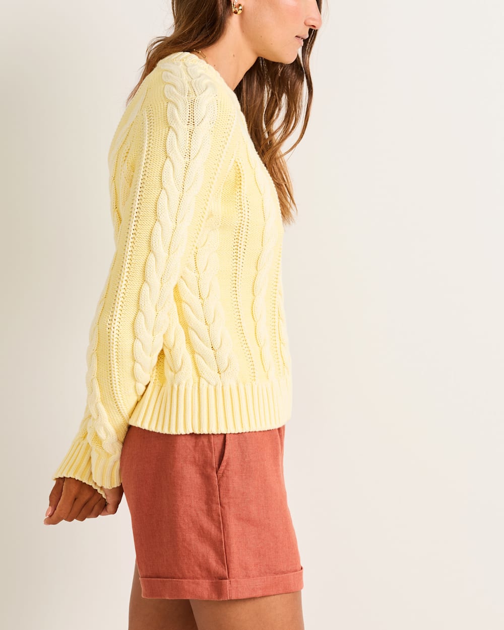 ALTERNATE VIEW OF WOMEN'S COTTON CABLE SWEATER IN BUTTER YELLOW image number 3