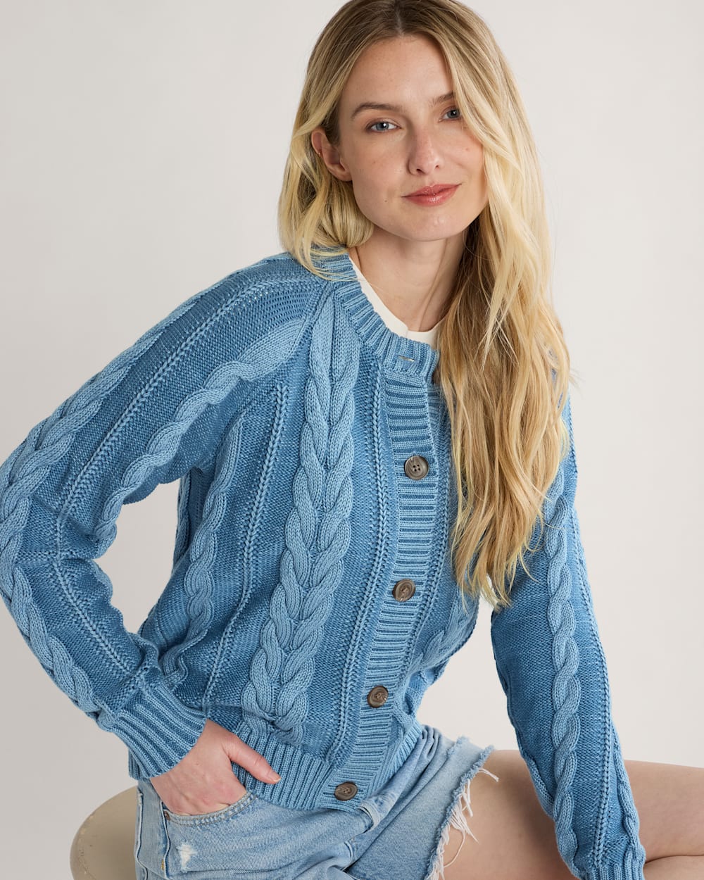 WOMEN'S COTTON CABLE CARDIGAN IN DUSTY BLUE image number 1