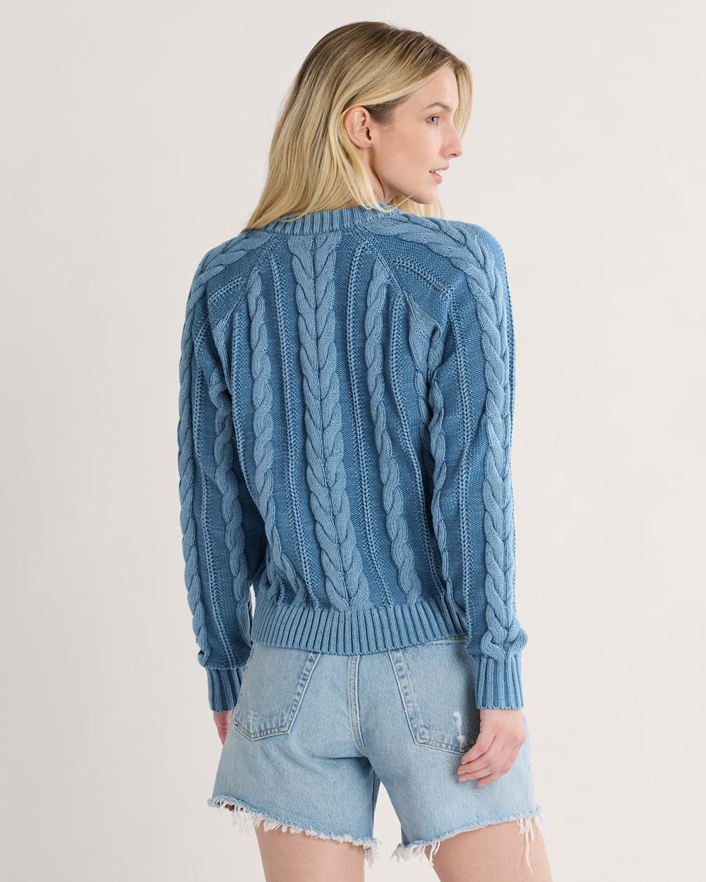 ALTERNATE VIEW OF WOMEN'S COTTON CABLE CARDIGAN IN DUSTY BLUE image number 2
