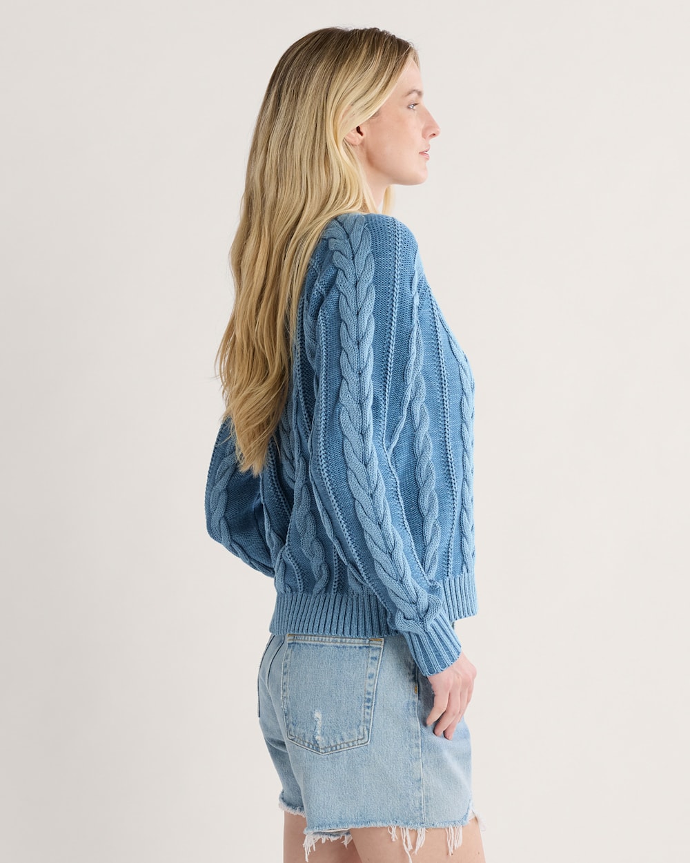 ALTERNATE VIEW OF WOMEN'S COTTON CABLE CARDIGAN IN DUSTY BLUE image number 3