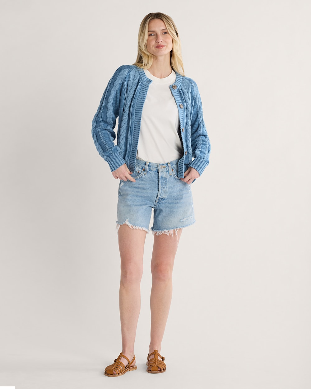 ALTERNATE VIEW OF WOMEN'S COTTON CABLE CARDIGAN IN DUSTY BLUE image number 4