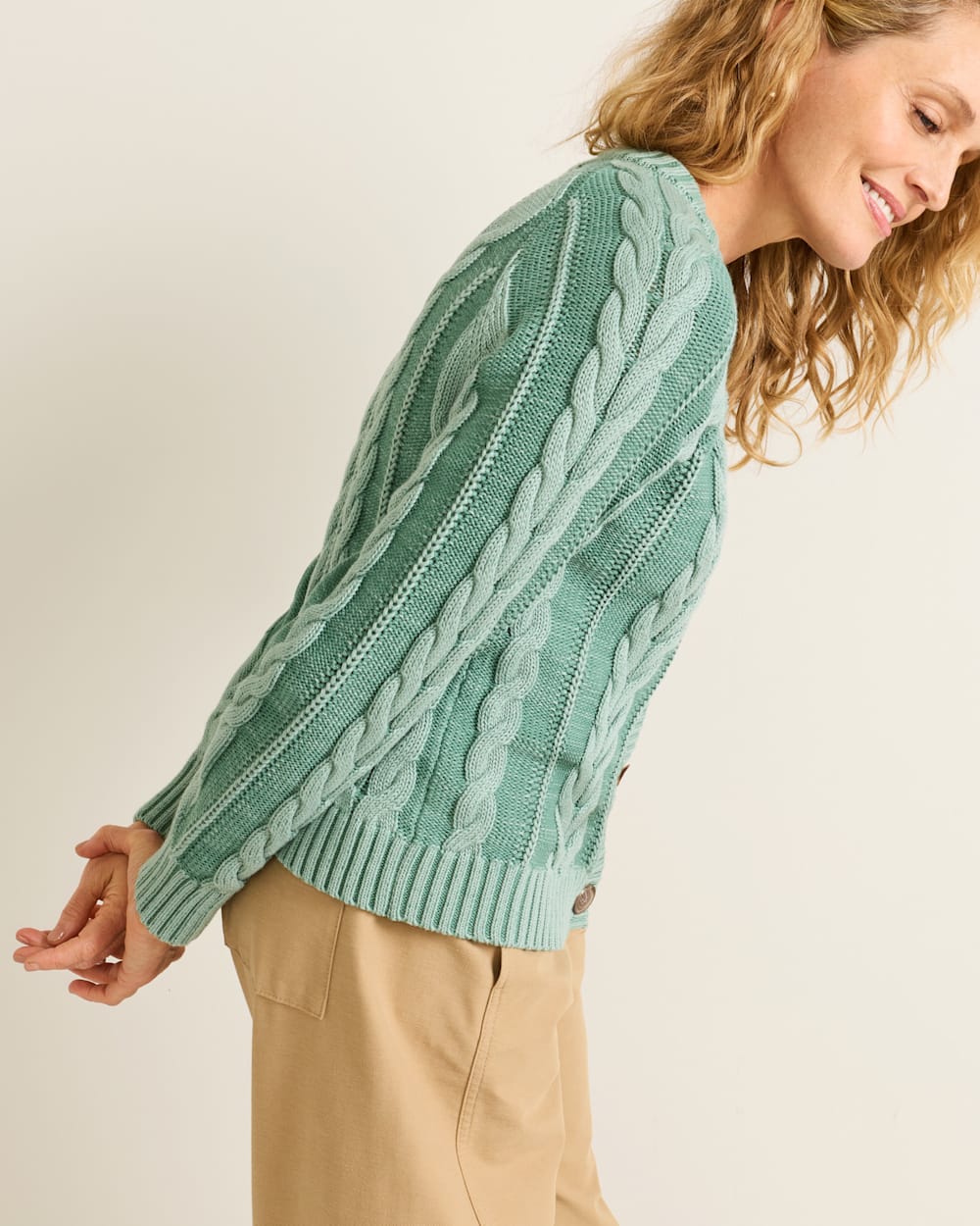 ALTERNATE VIEW OF WOMEN'S COTTON CABLE CARDIGAN IN TEAL BLUE image number 3