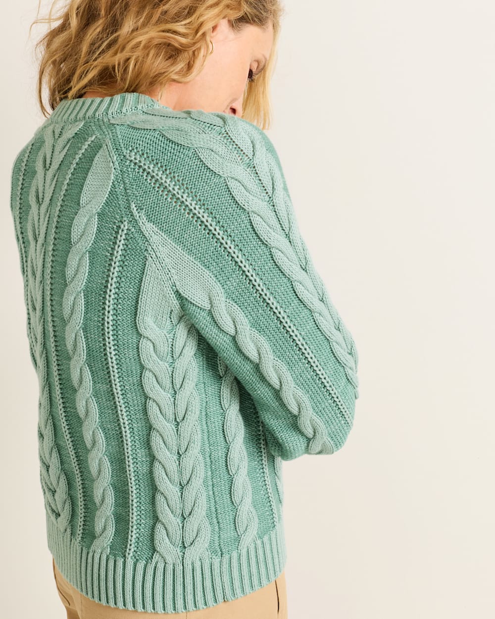 ALTERNATE VIEW OF WOMEN'S COTTON CABLE CARDIGAN IN TEAL BLUE image number 5