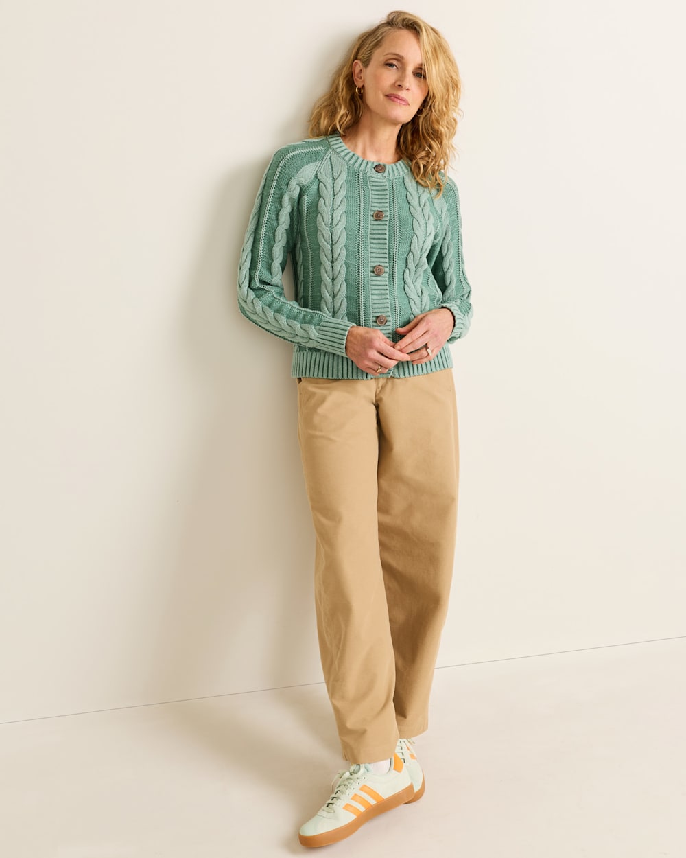 ALTERNATE VIEW OF WOMEN'S COTTON CABLE CARDIGAN IN TEAL BLUE image number 6