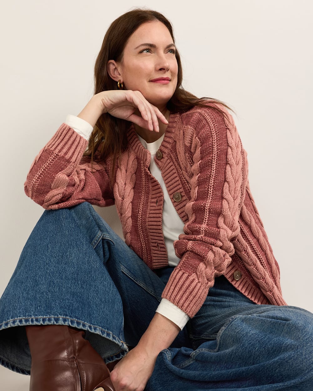 ALTERNATE VIEW OF WOMEN'S COTTON CABLE CARDIGAN IN DARK ROSE image number 2