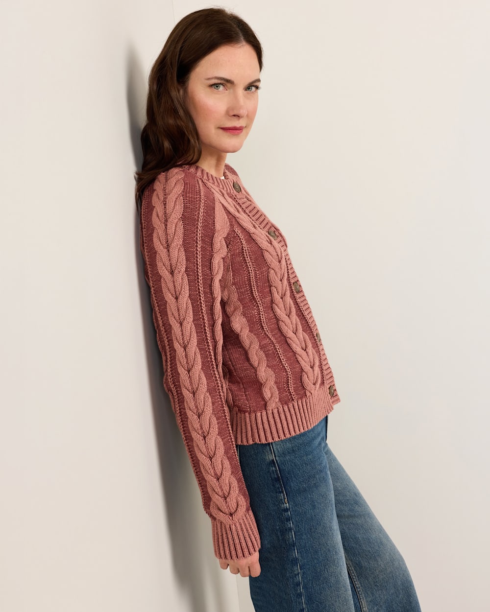 ALTERNATE VIEW OF WOMEN'S COTTON CABLE CARDIGAN IN DARK ROSE image number 3