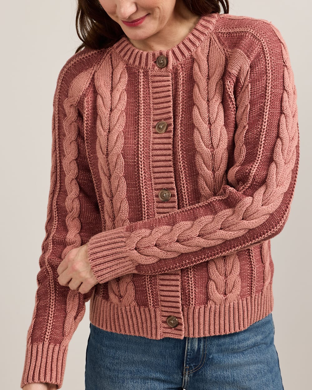 ALTERNATE VIEW OF WOMEN'S COTTON CABLE CARDIGAN IN DARK ROSE image number 5
