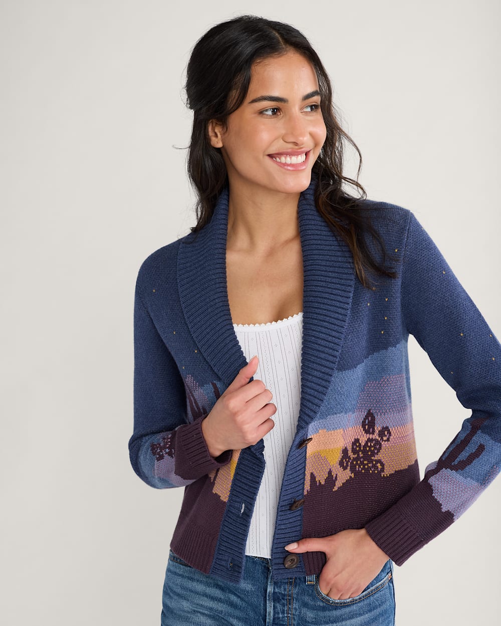 WOMEN'S WESTERN SCENIC COTTON CARDIGAN IN NAVY STARRY NIGHT image number 1