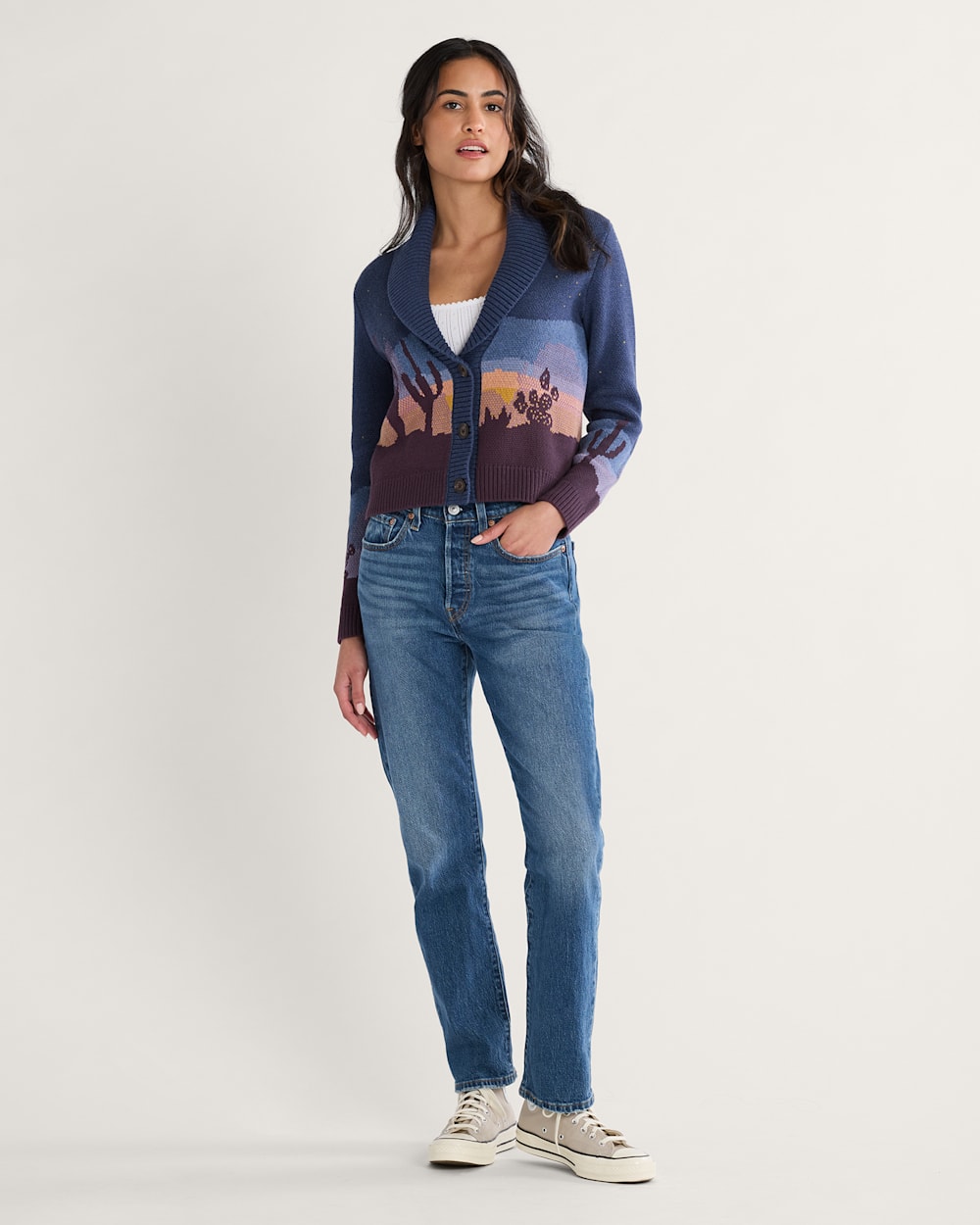 ALTERNATE VIEW OF WOMEN'S WESTERN SCENIC COTTON CARDIGAN IN NAVY STARRY NIGHT image number 4