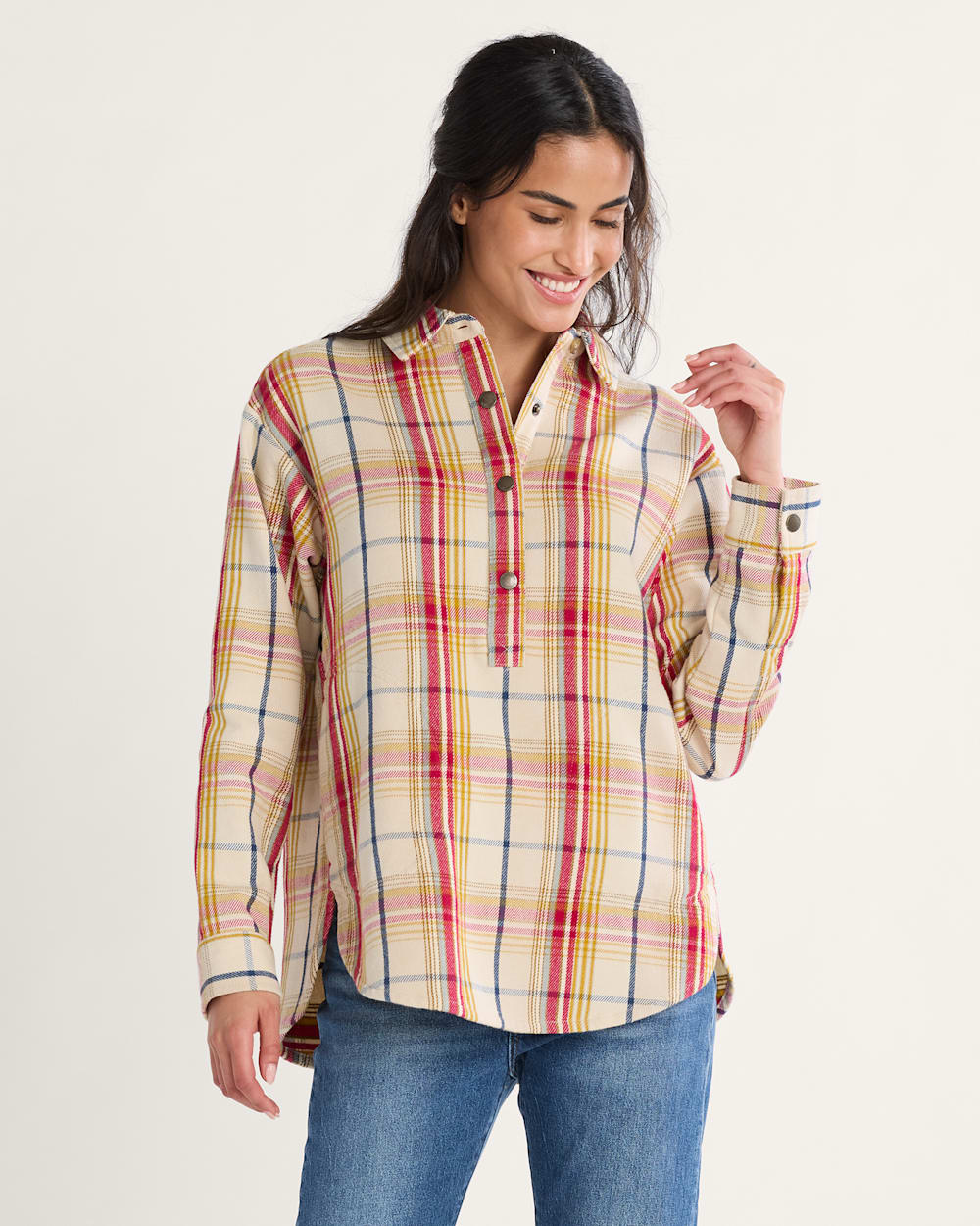 WOMEN'S ARCADIA FLANNEL PLAID POPOVER SHIRT IN ANTIQUE WHITE MULTI image number 1