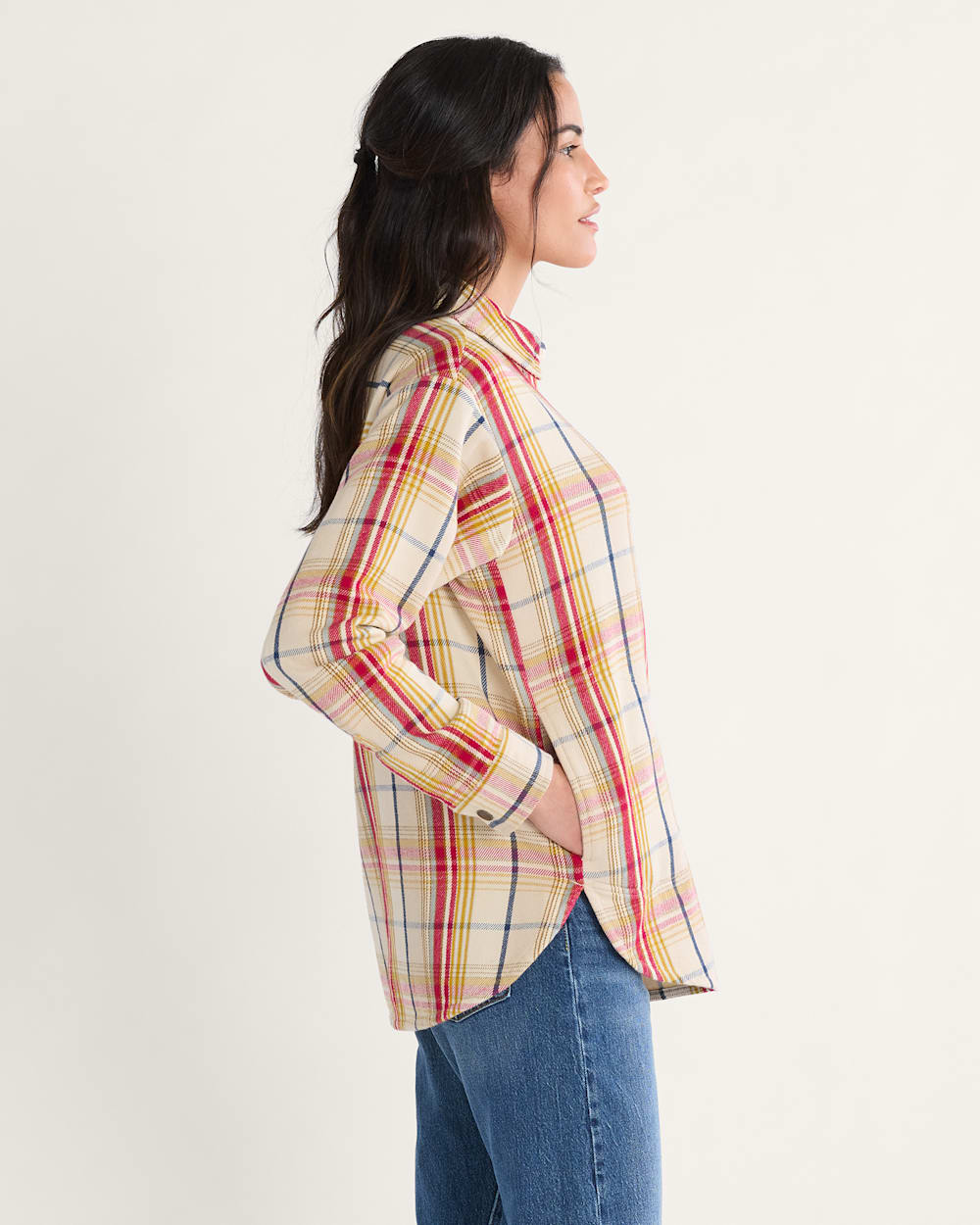 ALTERNATE VIEW OF WOMEN'S ARCADIA FLANNEL PLAID POPOVER SHIRT IN ANTIQUE WHITE MULTI image number 3