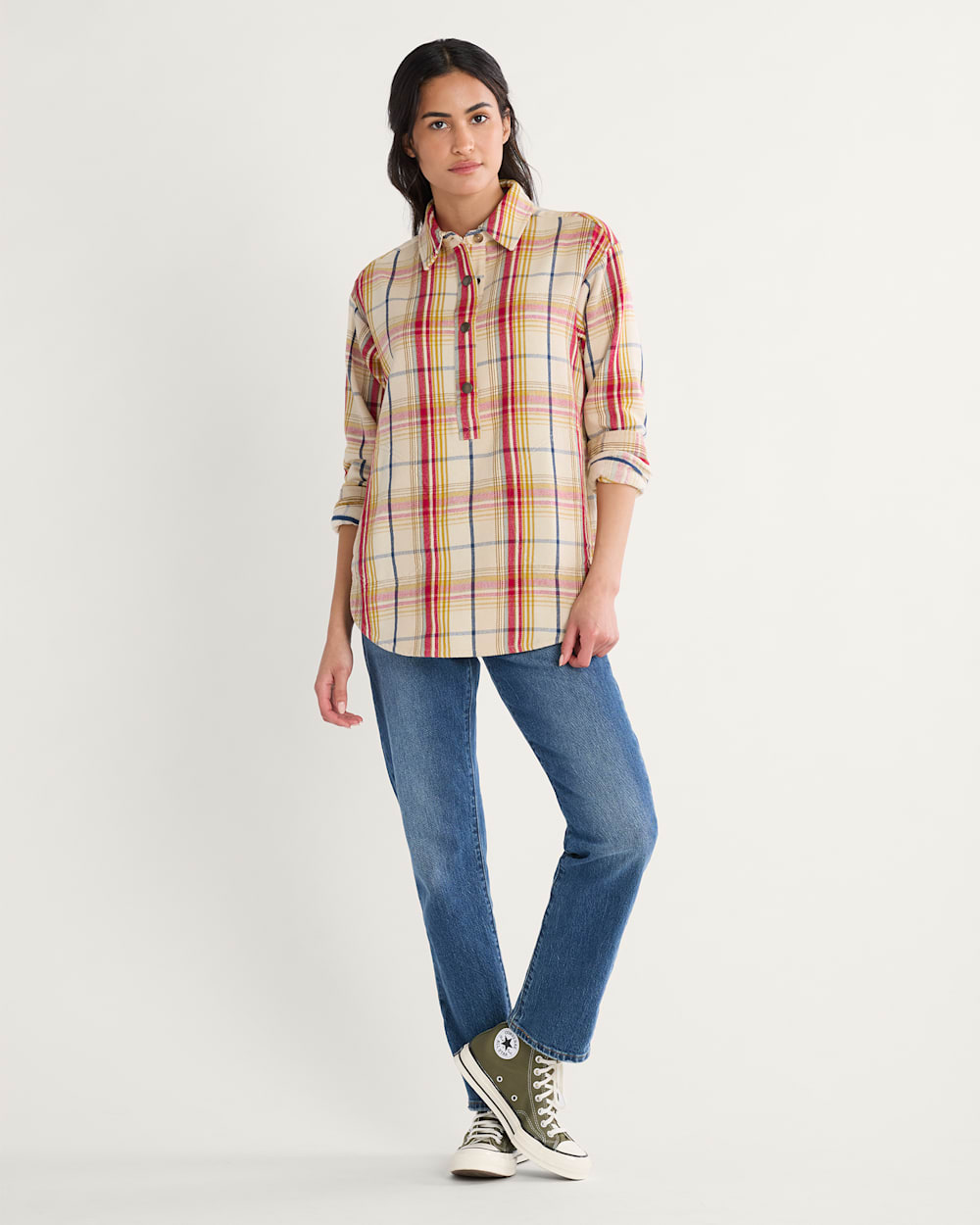 ALTERNATE VIEW OF WOMEN'S ARCADIA FLANNEL PLAID POPOVER SHIRT IN ANTIQUE WHITE MULTI image number 4